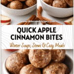 Bowl of No Bake Apple Cinnamon Energy Bites with cinnamon sticks and apple slices on a white surface.